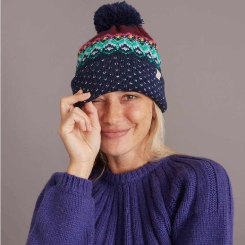 Marine Layer x LF Fair Isle Beanie Knit Hat Pom Pom Navy Patterned NWT - Picture 1 of 9